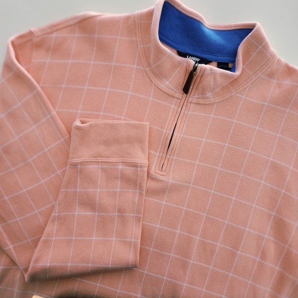 Lands' End XXL Mens 1/4 Zip Pullover Peach Plaid Mock Neck Long Sleeve - Picture 1 of 5